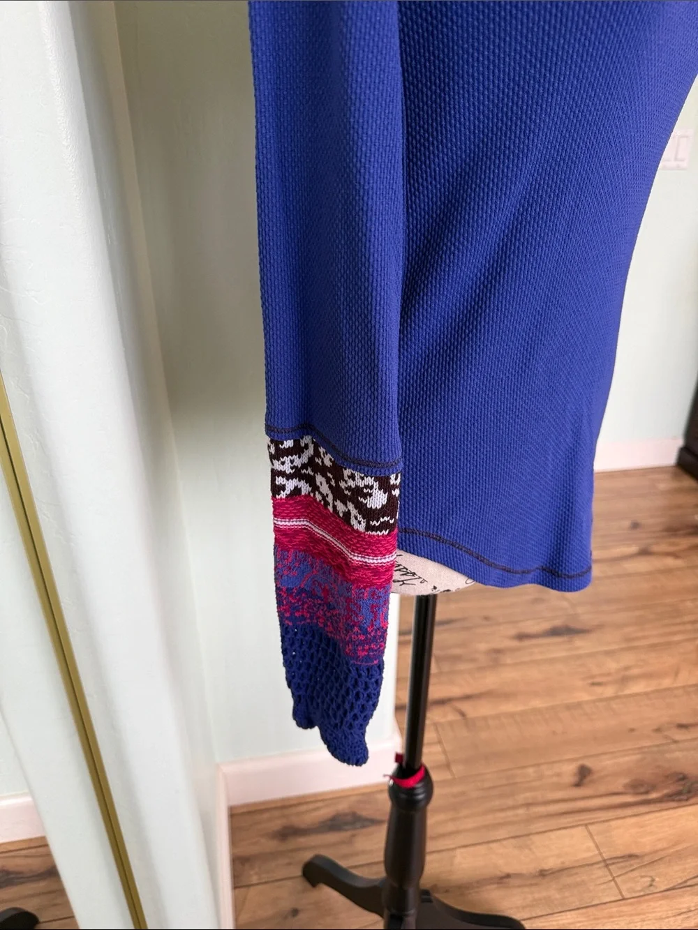Free People Royal Blue Long-Sleeve Thermal Top with Pink Accent Cuffs
